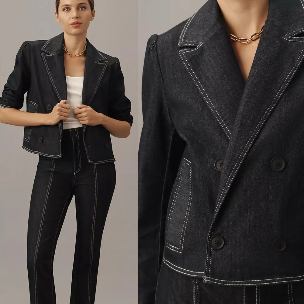 Anthropologie Maeve Boxy Rinsed Denim Blazer Double Breasted Crop Dark Blue XXS